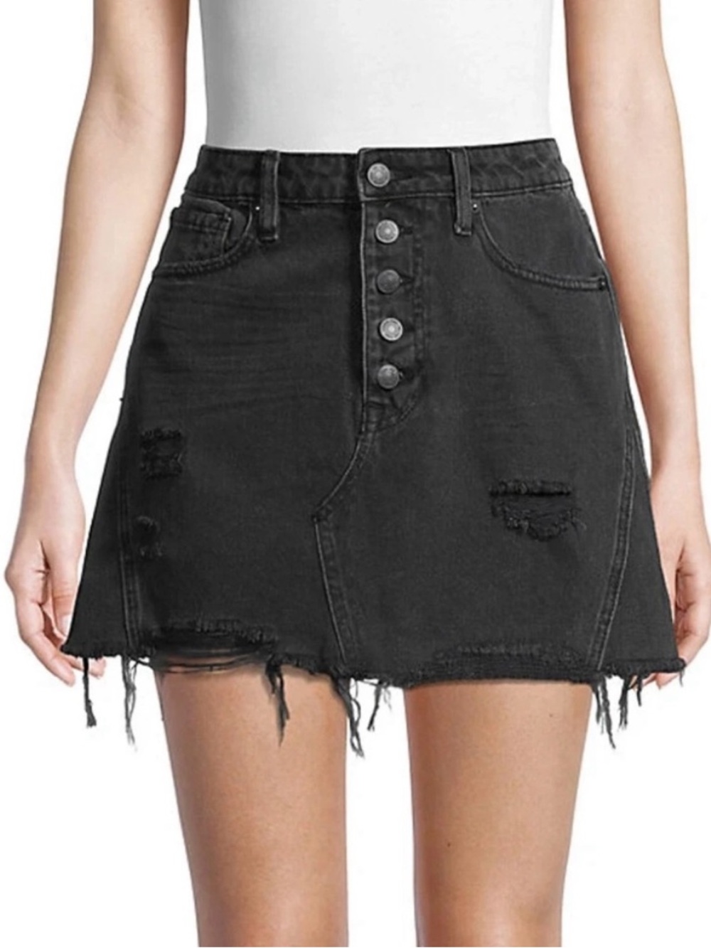 Free People We The Free A-Line Distressed Denim Mini Skirt Black Size 25
